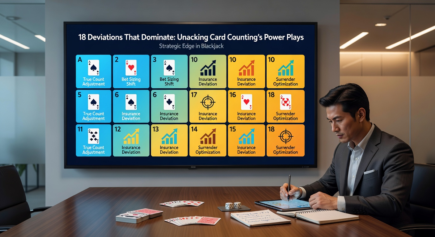 Detaillierte Tabelle der Illustrious 18 Index Plays mit True Count-Werten für Hi-Lo, inklusive Beispielen für Insurance, Split und Double-Down-Entscheidungen