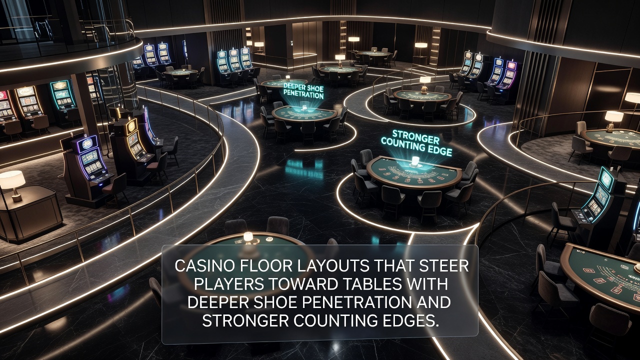 Casino floor layout showing strategic placement of blackjack tables with deeper shoe penetration