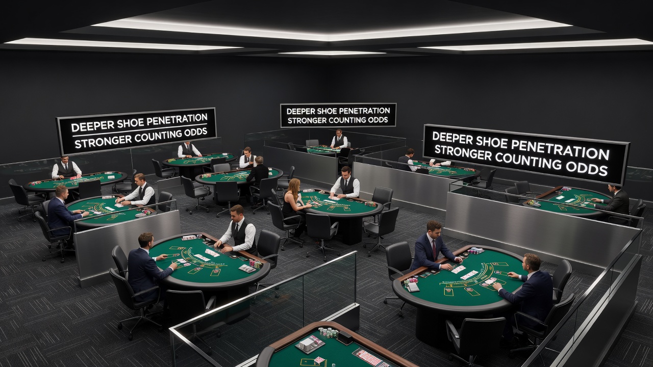 Detailed view of blackjack table arrangements optimized for deeper penetration and player flow