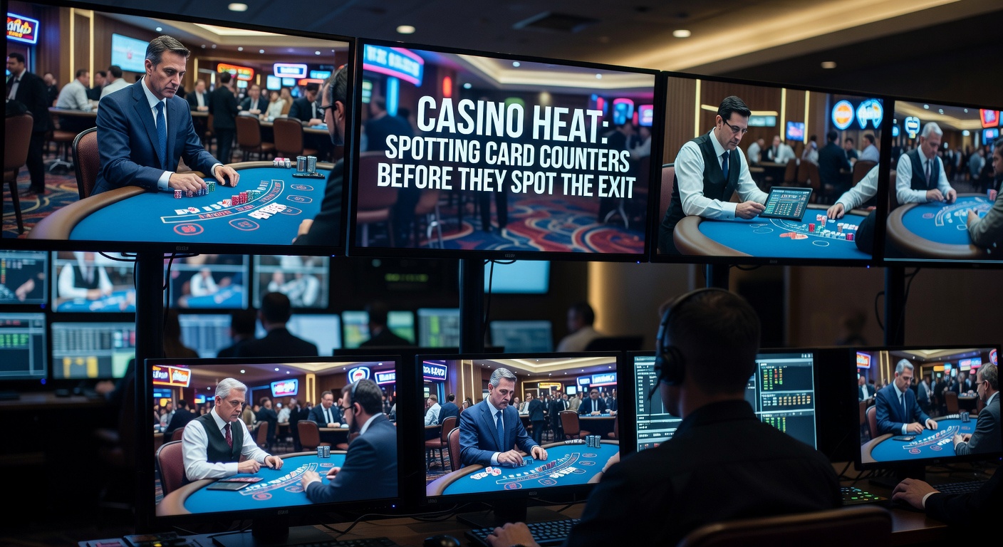 Ein Dealer am Blackjack-Tisch beobachtet misstrauisch einen Spieler mit hohem Einsatz, während Karten fliegen und das Casino-Leben pulsiert