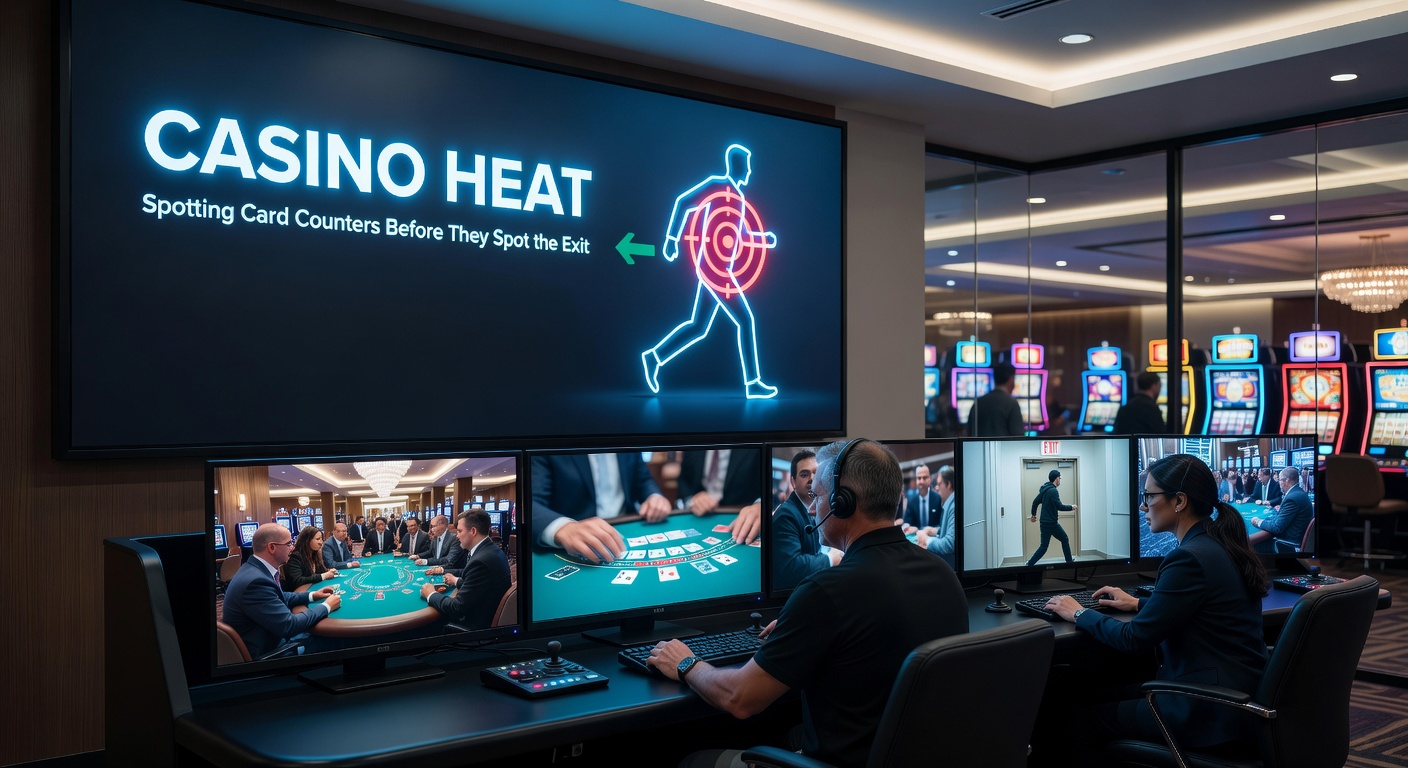 Casino-Security-Mitarbeiter mit Kamera überwachen einen Blackjack-Tisch aus der Ferne, während Spieler in angespannter Atmosphäre Karten bekommen