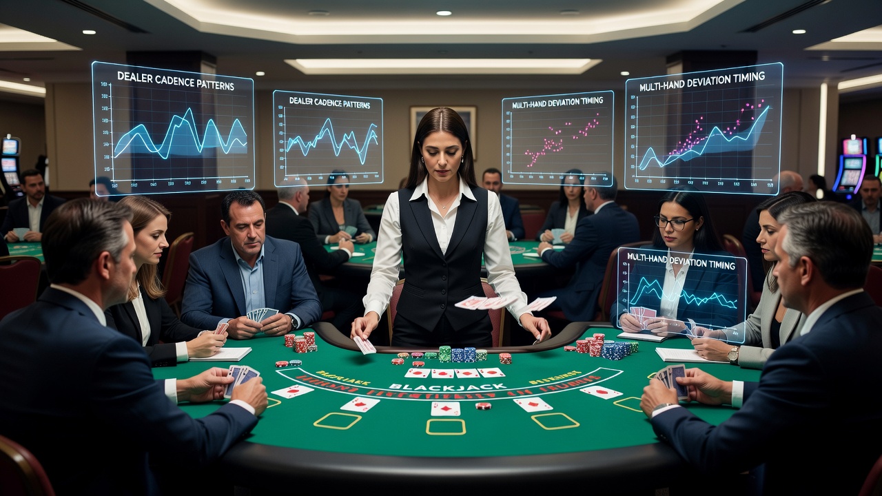 Blackjack dealer in action at a fast-paced pit table showing rhythmic card dealing patterns