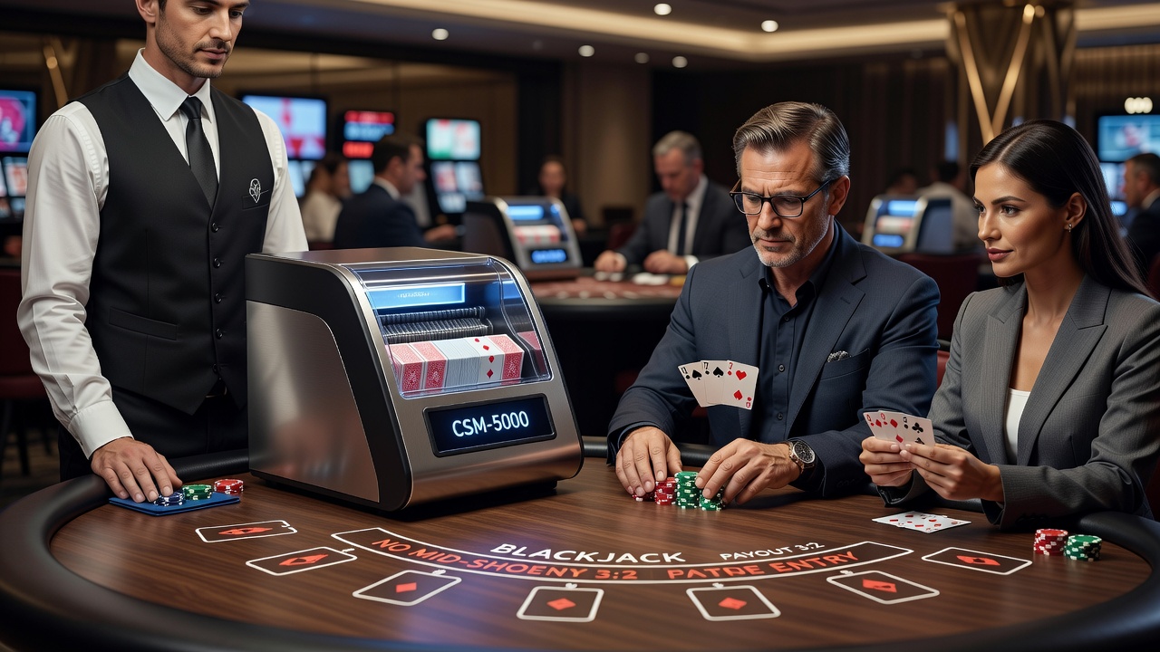 Blackjack-Tisch mit kontinuierlicher Mischmaschine und Spielern in einem modernen Casino-Pit