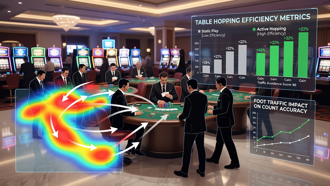 Detailansicht von Tischhopping-Bewegungen in einem Casino mit Fokus auf Fußverkehr und Zählprozesse