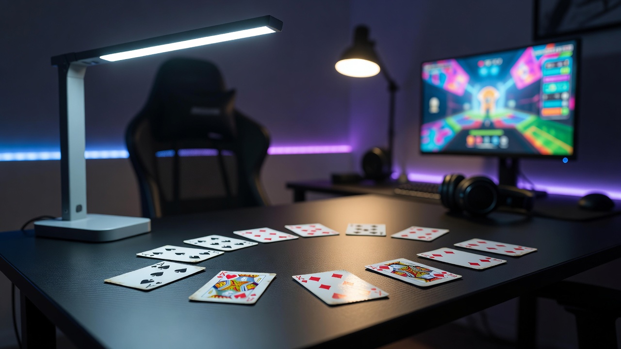 Beleuchtungseffekte auf Spielkarten in einer typischen Casino-Umgebung mit gedämpftem Licht und Schatten auf dem Tisch