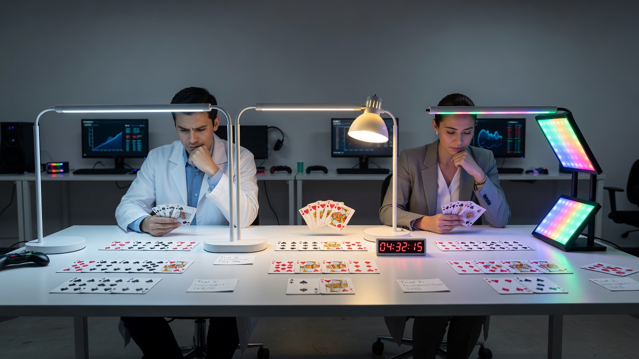 Nahaufnahme von Spielkarten unter variabler Beleuchtung, die Kontrastunterschiede und Schattenbildung verdeutlicht
