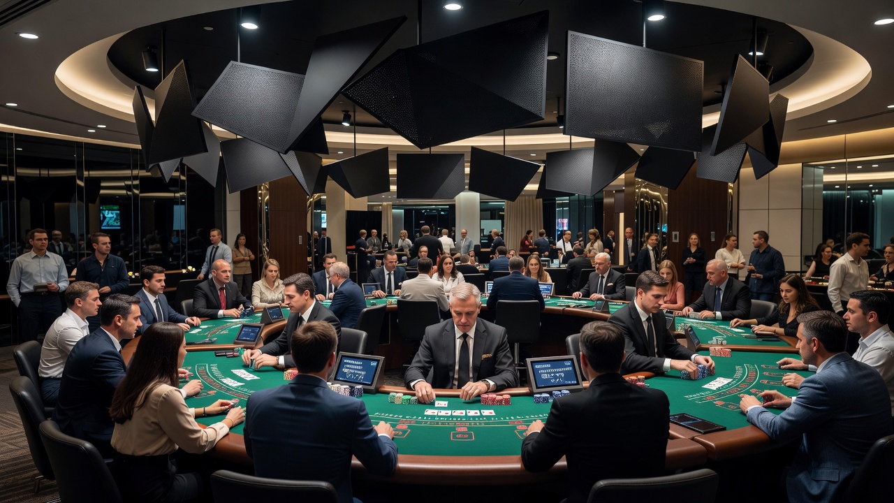 Detailaufnahme eines Blackjack-Tisches mit akustischen Sensoren und Spielern in einer belebten Umgebung