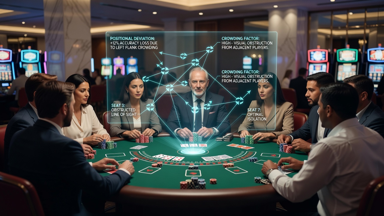 Überblick über Blackjack-Tische in einem belebten Casino-Pit mit verschiedenen Spielerpositionen