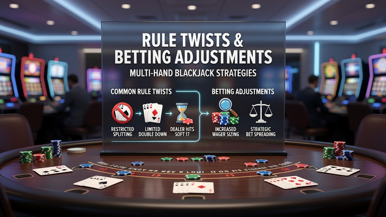 Multi-Hand-Blackjack Tisch mit Karten und Chips bei variablen Regeln