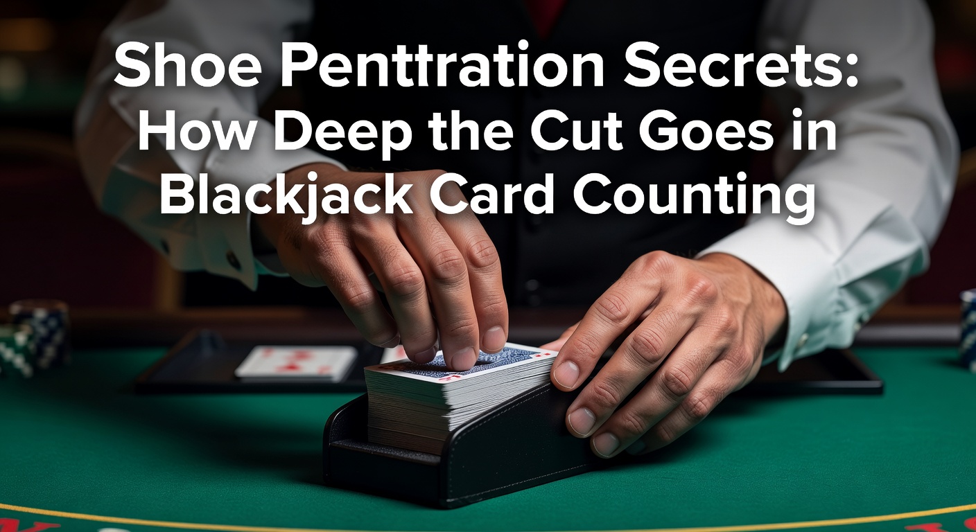 Ein Blackjack-Shoe mit mehreren Decks, das den Cut-Punkt verdeutlicht, während Karten verteilt werden