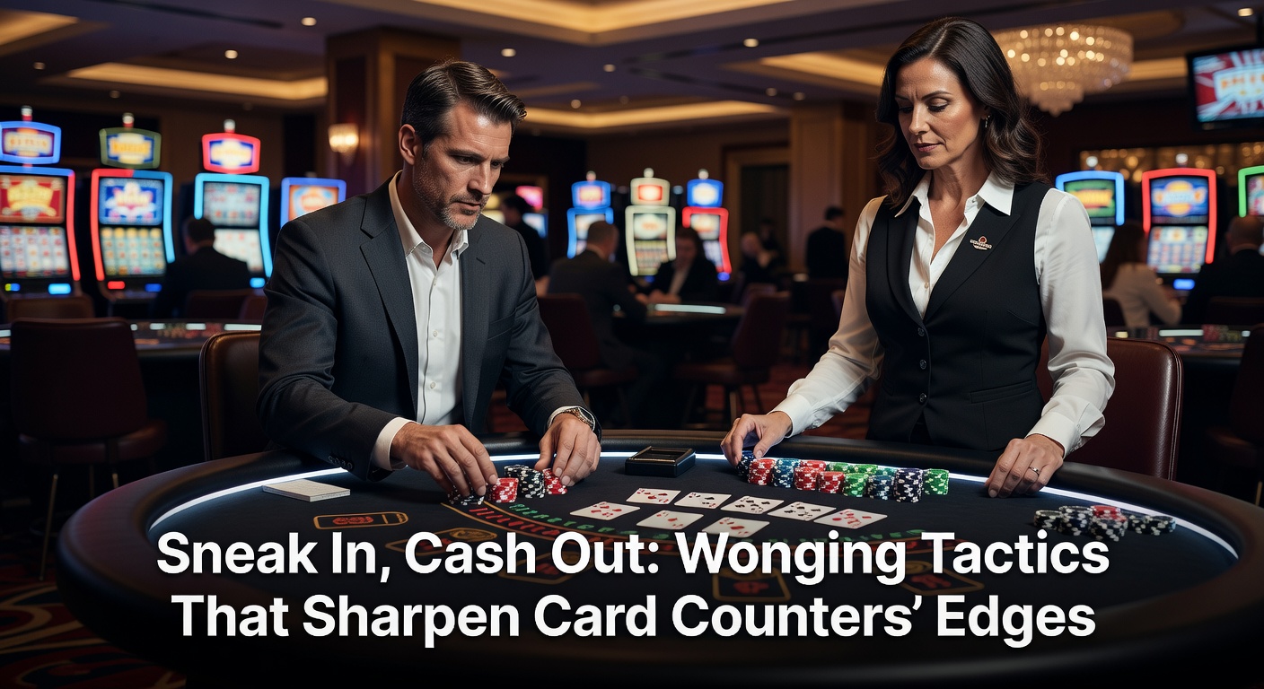 Ein Kartenzähler beobachtet diskret Blackjack-Tische in einem belebten Casino, während er auf den richtigen Moment wartet, um einzusteigen
