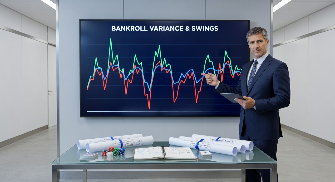 Grafik einer volatilen Bankroll-Kurve im Blackjack, die steile Auf- und Abstiege zeigt, mit Markierungen für sichere Bankroll-Level