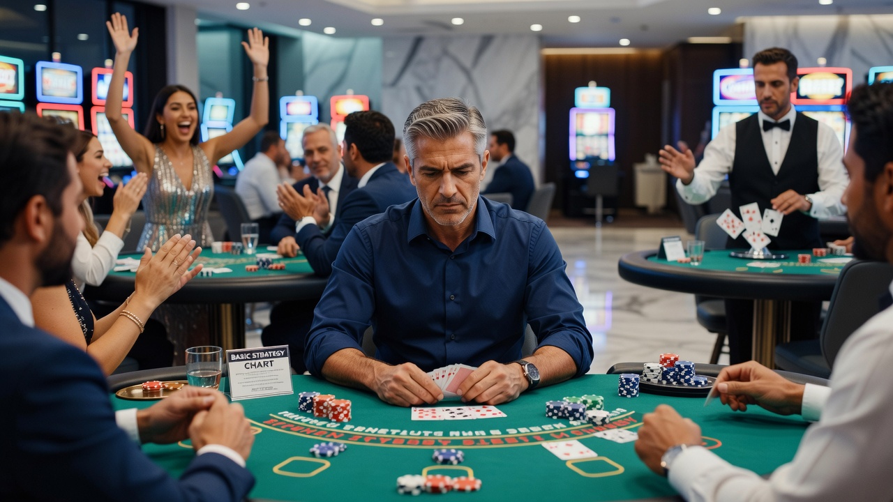 Detailansicht eines Blackjack-Tisches mit peripheren visuellen Reizen von benachbarten Spielern